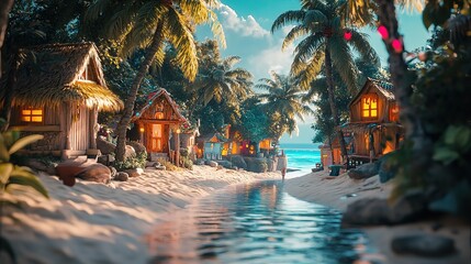 Tropical sunset at a secluded beach resort with wooden bungalows near the serene blue ocean and lush mountains in the background