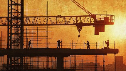 A close-up of workers assembling a crane at a construction site with scaffoldings in the background