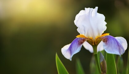 Wall Mural - single reblooming german iris hemstitched iris white ruffled petals with a purple rim and yellow beard against bokeh green background copy space