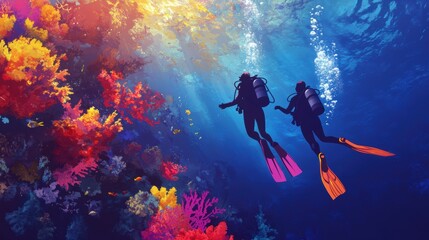 Diver with colorful beautiful coral reef with sea life fishes