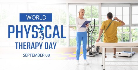 Wall Mural - Young man with physiotherapist in rehabilitation center. Banner for World Physical Therapy Day