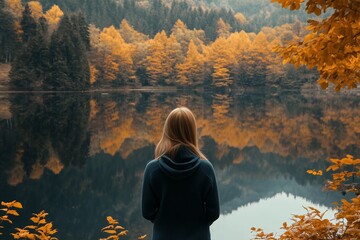 Canvas Print - A solitary figure gazes at the tranquil lake surrounded by vibrant autumn trees in a serene woodland setting