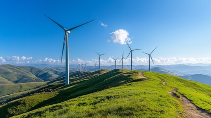 Wind Energy Turbines Countryside Environment Mountains Blue Sky Alternative Environmental Renewable Source Power