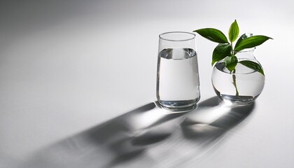 two clear glass vases with a black base one holding a green plant on a white surface with dappled light