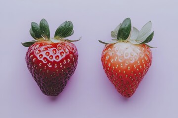 Fresh strawberries displayed side by side, highlighting the difference in ripeness and color, against a soft muted backdrop