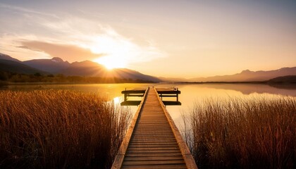 Wall Mural - lake at sunset long wooden pier