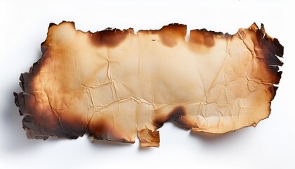 a piece of old parchment paper displaying burnt edges isolated against a white background