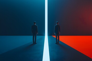 Two figures stand on opposite blue and red surfaces divided by a bright white line. Minimalist and symbolic image representing duality and choice.

