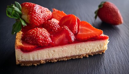 a delectable slice of strawberry cheesecake adorned with fresh strawberries on a dark slate surface