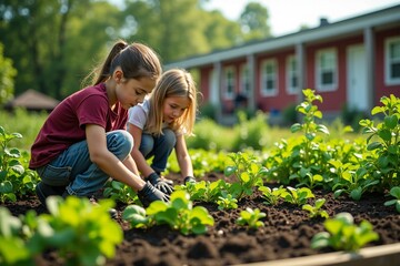 Two young girls tending to a garden