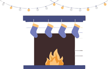 Simple decorated fireplace with stockings, symbolizing warmth and Christmas spirit in a flat vector design