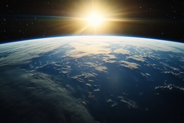 a breathtaking image of the earth from space, with a few flags and a sign that reads 'our home'