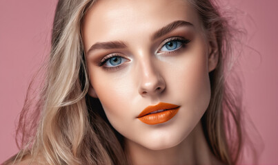 A woman with long blonde hair and blue eyes looks directly at the camera, wearing bright orange lipstick