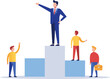 © OKAN - Business leader on a podium addressing a team, symbolizing leadership, success, and motivation in a flat vector illustration