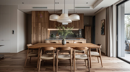 Wall Mural - Minimalist dining area interior with wooden table and chairs. The concept of design and comfort.