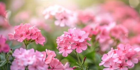 Poster - Phlox Flamingo in full bloom in a garden setting with shallow depth of field