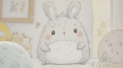 Fluffy bunny character sketch. Pencil drawing style. Cute animal concept. Design for children's book illustrations and greeting cards