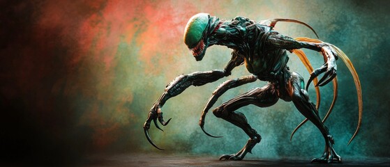 Extraterrestrial Encounter: Vibrant Alien Character Design with Unique Anatomy and Space for Text