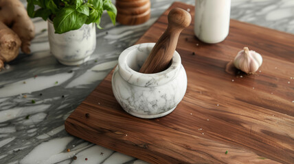 Wall Mural - Marble mortar and pestle on wooden cutting board in kitchen.