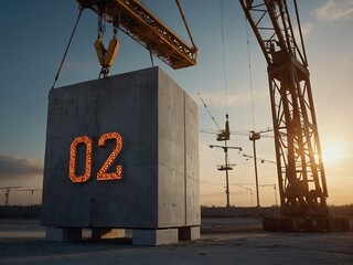 Concrete cube displaying  with a crane lifting a new number