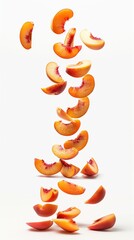 Wall Mural - Falling Peach Slices, Delicious Tasty Fruit, Organic Sweet Snack, Isolated Culinary Business Marketing Backdrop Concept, Farm Fresh Agriculture Wallpaper, White Background for Easy Editing