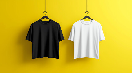 Two plain black and white oversized t-shirt hanging on an empty hanger