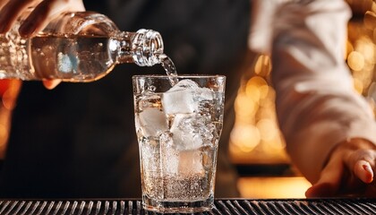 making a cocktail with sparkling water and ice at a bar