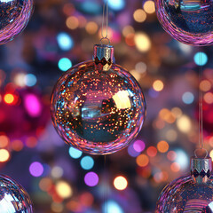 Wall Mural - Seamless glittery sparkle christmas background with baubles and ornaments. Bokeh lights