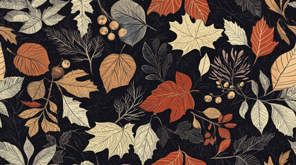 Wall Mural - Colorful autumn leaves seamless pattern. Orange, red and beige, black tones