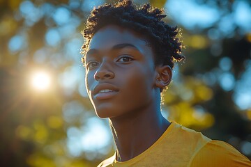  Happy black teenager jogging in the park in sunshine on sunny blue sky day. Candid boy running for improved mental health and fitness. Summer exercise outdoors