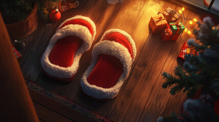 Two red and white fluffy Christmas slippers placed on a wooden floor next to a Christmas tree, with soft lighting and festive ornaments around, creating a warm and comfortable holiday setting.