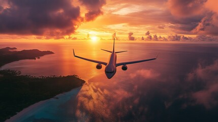 An airplane soaring above a tropical sea during sunset.
