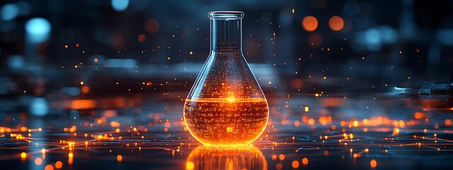 The digital laboratory flask icon with glowing data symbolizes the integration of AI into scientific experimentation and data analysis, accelerating research progress and discoveries design,