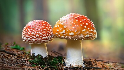 two amanita mushrooms with white dots close up in the forest