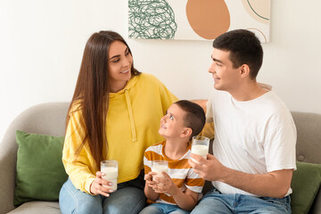 Wall Mural - Little boy with his parents drinking milk on sofa at home