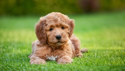 a labradoodle puppy on grass