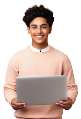 Canvas Print - PNG Smiling young man holding laptop