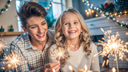 Wall Mural - happy mother and daughter holding sparklers and smiling at camera at home