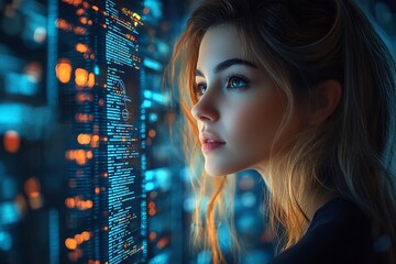  AI cyber security concept. Female IT Computer specialist analyzing artificial intelligence cyber threats to consumer data & privacy breach. Software developer using code & ethical hacking 