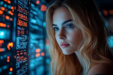  AI cyber security concept. Female IT Computer specialist analyzing artificial intelligence cyber threats to consumer data & privacy breach. Software developer using code & ethical hacking 