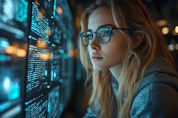  AI cyber security concept. Female IT Computer specialist analyzing artificial intelligence cyber threats to consumer data & privacy breach. Software developer using code & ethical hacking 