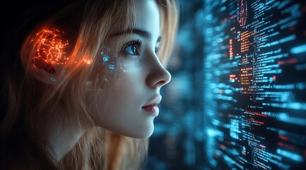  AI cyber security concept. Female IT Computer specialist analyzing artificial intelligence cyber threats to consumer data & privacy breach. Software developer using code & ethical hacking 