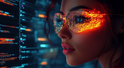  AI cyber security concept. Female IT Computer specialist analyzing artificial intelligence cyber threats to consumer data & privacy breach. Software developer using code & ethical hacking 