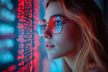  AI cyber security concept. Female IT Computer specialist analyzing artificial intelligence cyber threats to consumer data & privacy breach. Software developer using code & ethical hacking 