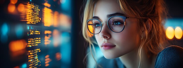  AI cyber security concept. Female IT Computer specialist analyzing artificial intelligence cyber threats to consumer data & privacy breach. Software developer using code & ethical hacking 