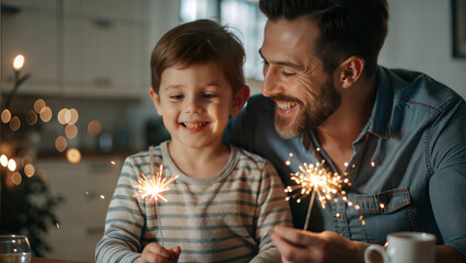 Wall Mural - Happy father and son with sparklers in the kitchen at home.