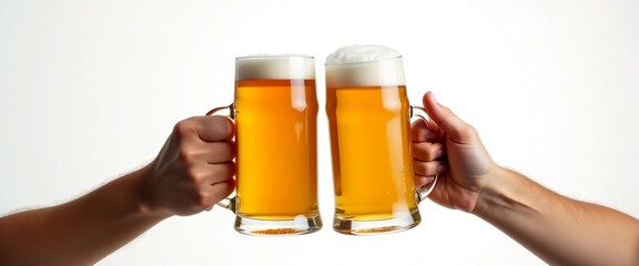 Hands holding mugs of Bavarian beer Oktoberfest on white background