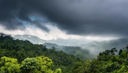 tropical mystique a landscape of lush green forest trees shrouded by dark clouds creating an atmosphere of enigmatic beauty