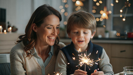 Wall Mural - Cute little boy and his mother holding sparklers and looking at each other