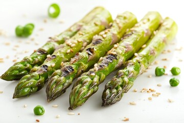 a trio of grilled asparagus spears, standing upright on a white surface, with a few scattered sesame seeds around them